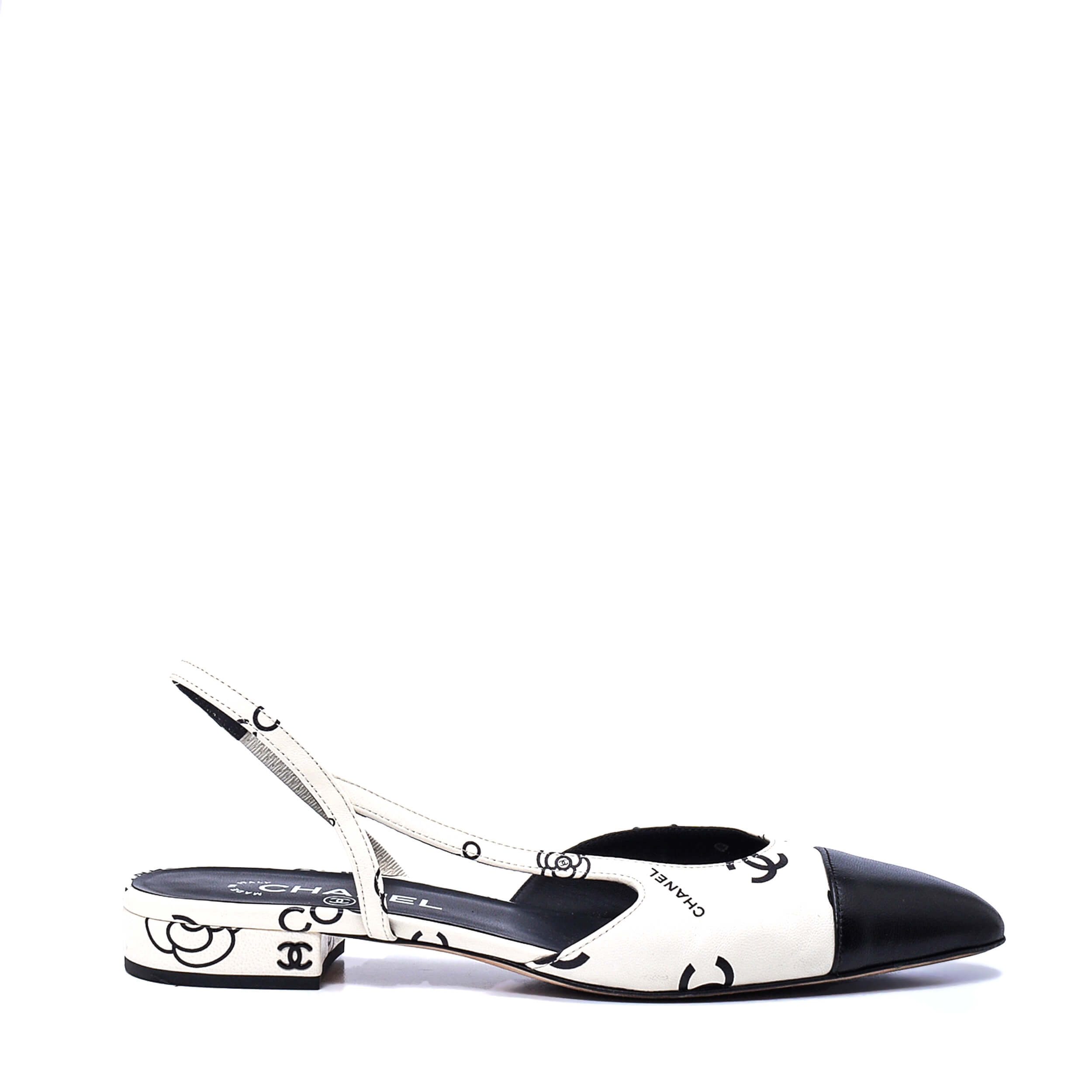 Chanel - White & Black Printed Lambskin Cap Toe CC Slingbag Ballet Flats / 40